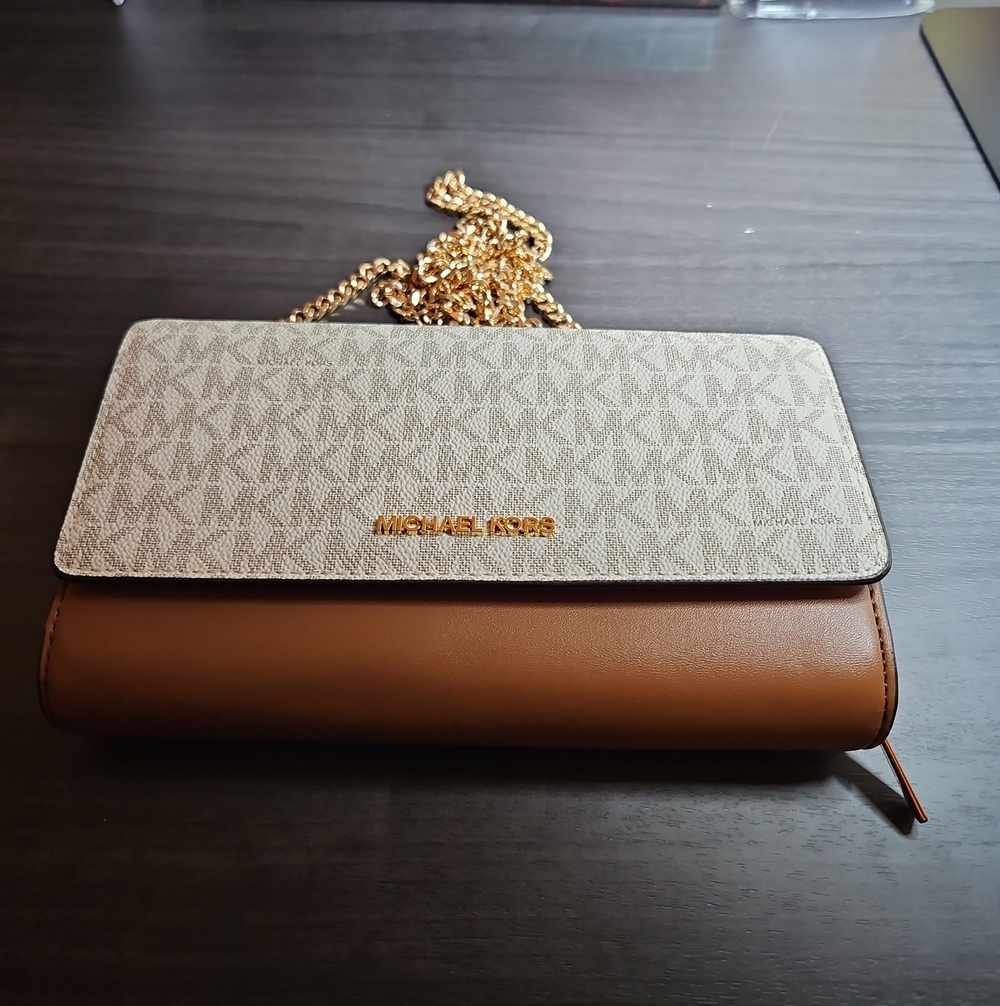 Michael Kors Logo Chain Wallet in Brown & Cream Like New